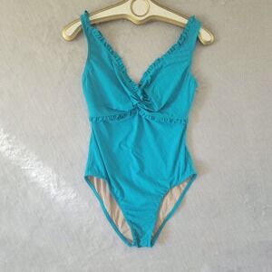 KARLA COLLETTO Ruffle Twist Tank One-Piece Swimsuit Womens Sz 14 Aqua Blue